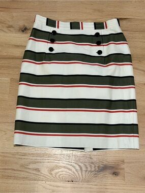 Striped Olive, Coral & White Button-Front Pencil Skirt